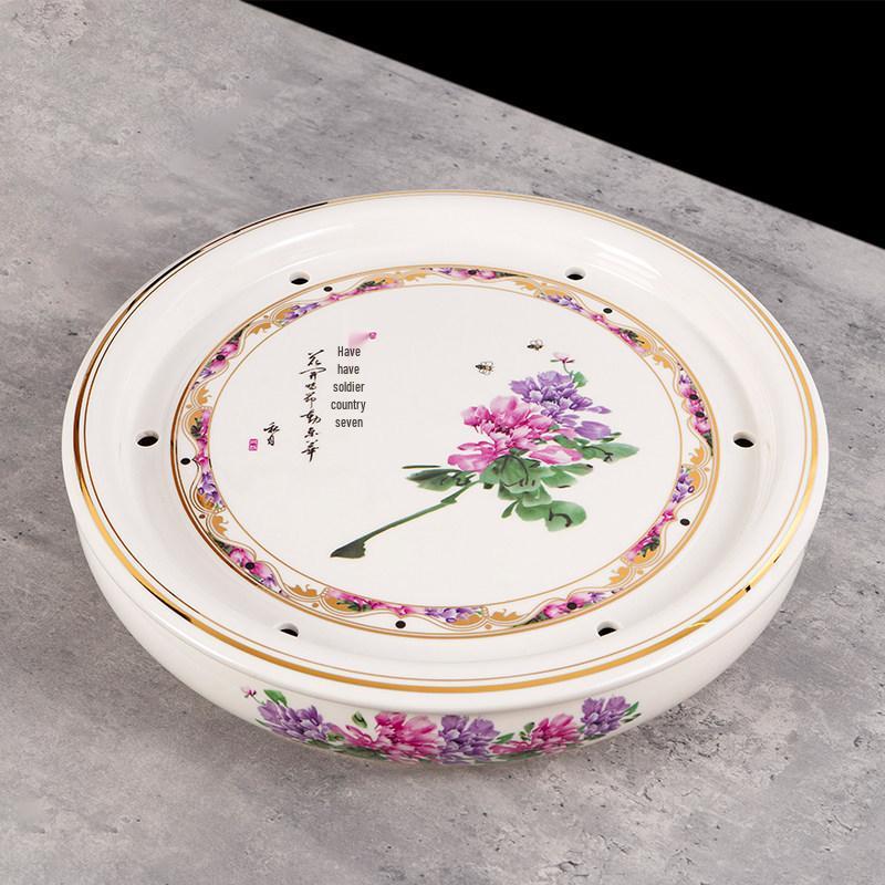 14-inch Ceramic Round Tea Tray for Gongfu Tea, with Double-Layer Water Storage