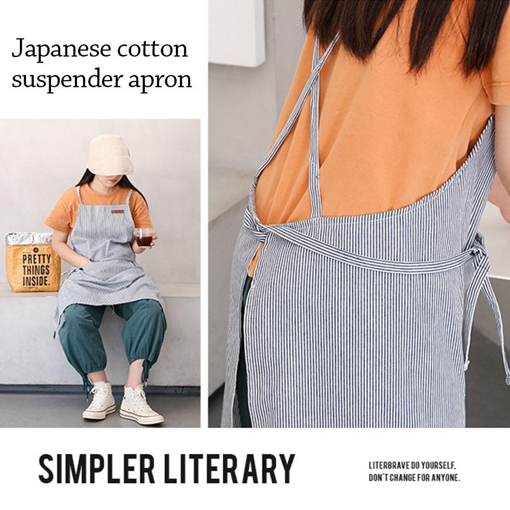 Förkläde i bomull i japansk stil, smutsavvisande, stora fickor, köksförkläde, lättviktigt, andningsbart, kaféuniform