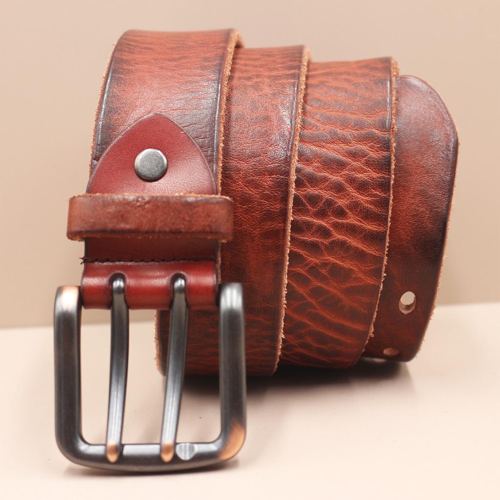 Retro Thickened Top-grain Cowhide Double-needle Belt, Men's Genuine Leather Trendy and Versatile Tough Guy Denim Belt