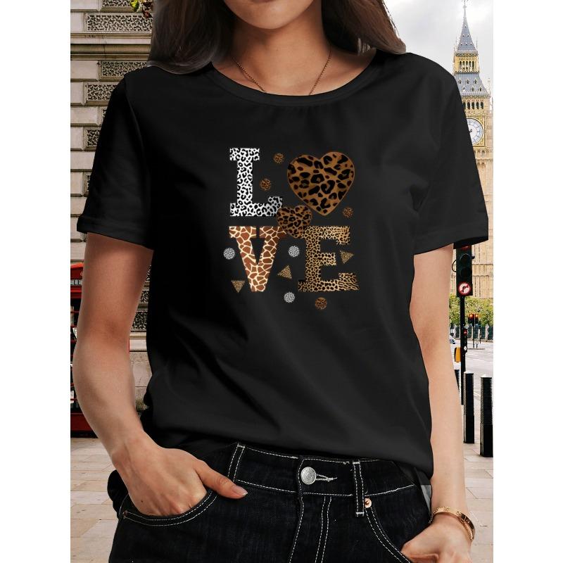 

European Size Women s Vintage Print T-Shirt - LOVE Leopard Print Short-sleeved Shirt, Exquisite Pattern Top,for Spring, Summer and Autumn,Crew Neck 4XL чорний
