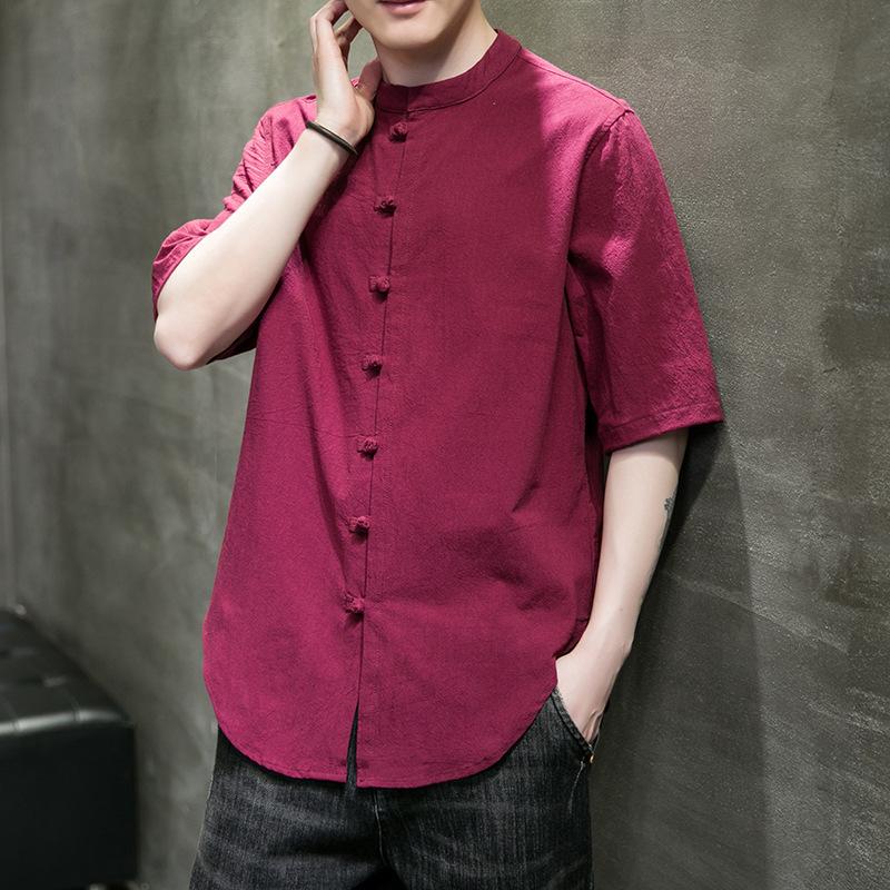 Summer Tang Suit Retro Chinese Style Cotton and Linen Three-quarter Sleeve Shirt Men's Solid Color Stand-up Collar Button Short-sleeved Shirt