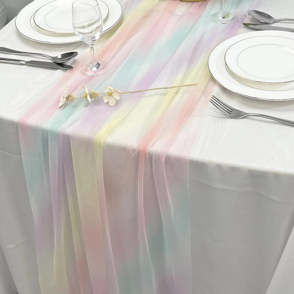 New 75X180CM Table Runner Rainbow Gradient Table Cloth Sheer Mesh Gauze Dining Table Decoration Brithday Party