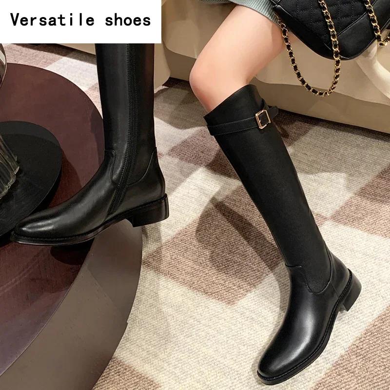 Vintage Női Karcsúsított Térdig Érő Csizma Divatos Övcsatos Cipő Ősz Tél Alacsony Sarkú Női Stretch Modern Hosszú Bokacsizma