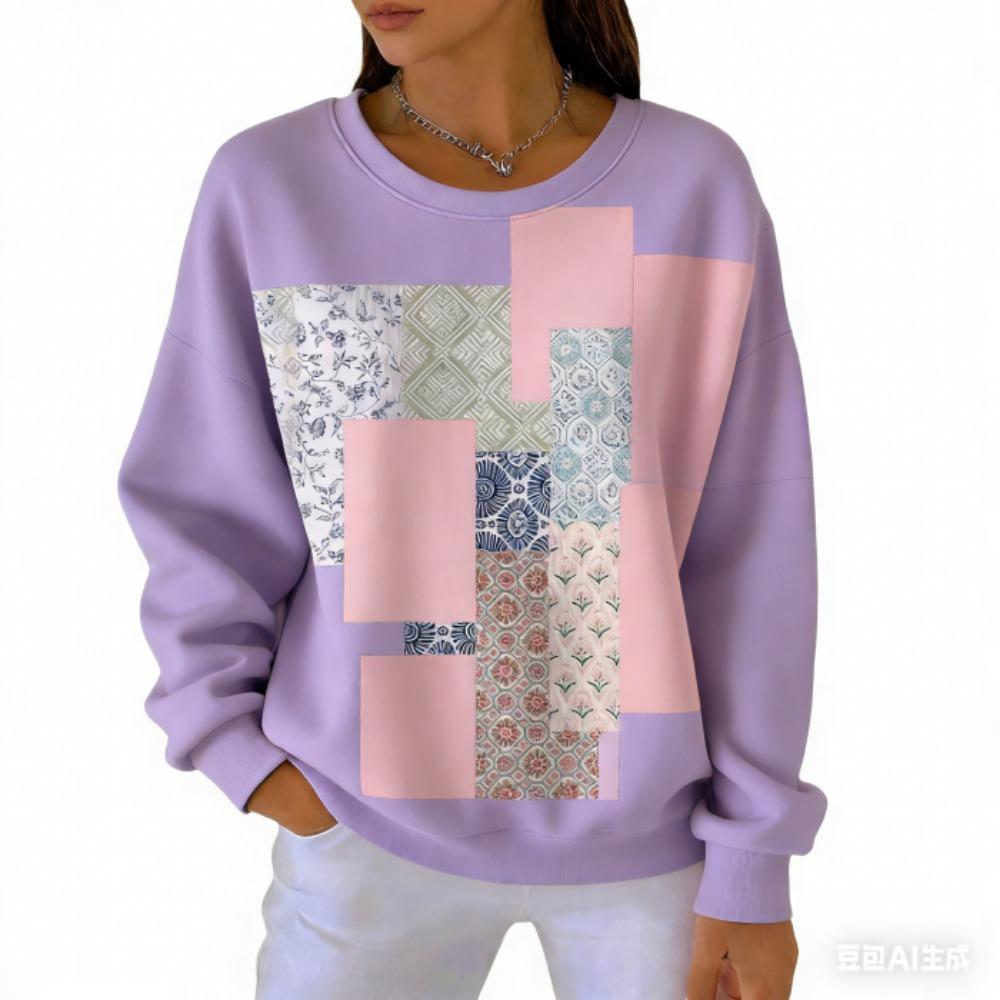 אופנת אביב שילוב צבעים חולצת טי לנשים קז'ואל הדפס וינטג' פולאובר לנשים בגדי שרוול ארוך קז'ואל בחוץ חולצות טי עליון