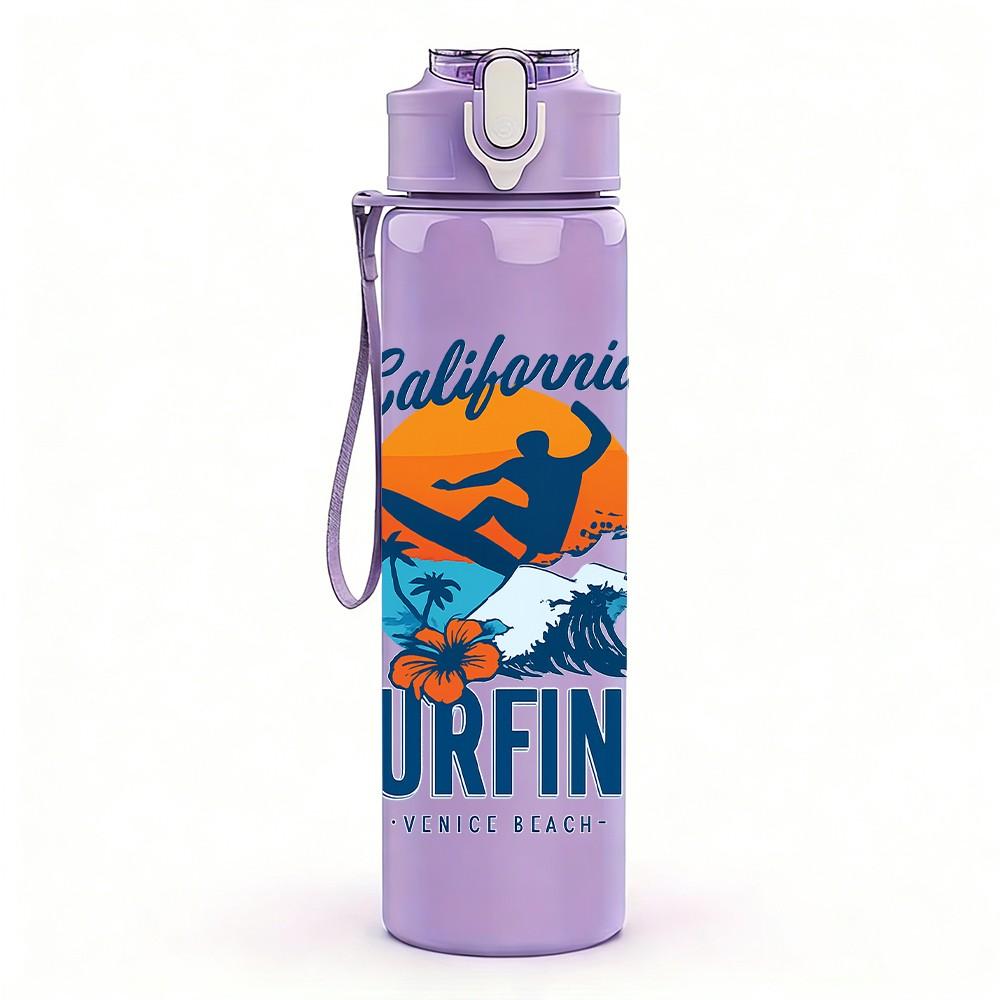 1PC California Surfing Graphic 750ml Color Plastic Sports Water Bottle Leakproof Flip Straw Lid Suitable for Sports Office Home Use