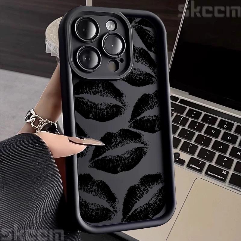 Custodia per Telefono in Morbido Silicone con Stampa Bacio Labbra Nere e Rosse per iPhone 16 Pro Max 15 14 Plus 11 12 13 7 8 Plus X XS XR 16E Cover