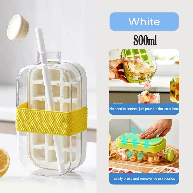 2-in-1 Portable Ice Cube Maker Cold Water Bottle with Straw Silicone Ice Cube Tray Easy Press Demould Zero Contact Ice Cube Mold