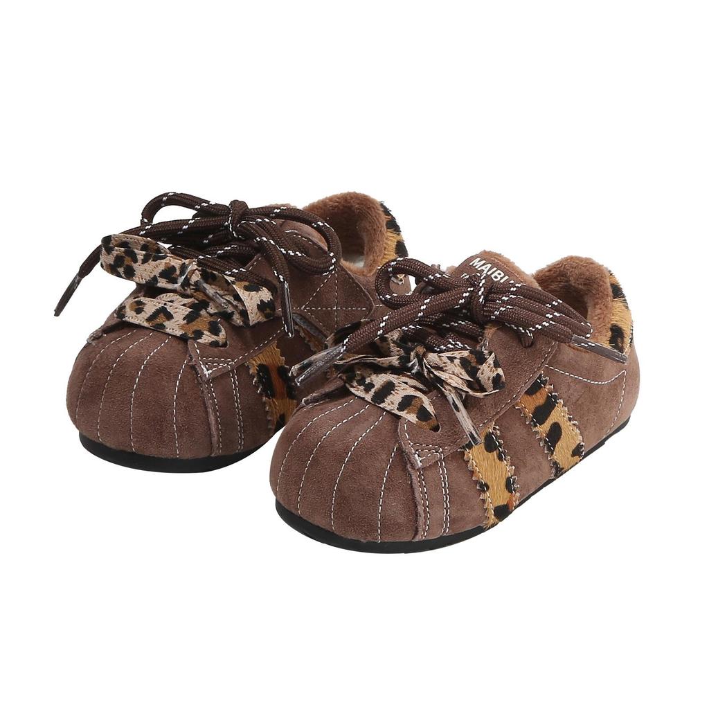 2025 Winter Leopard Print Retro Cotton Baby Shoes - Velvet Lined, Warm, Versatile, Casual German Training Design