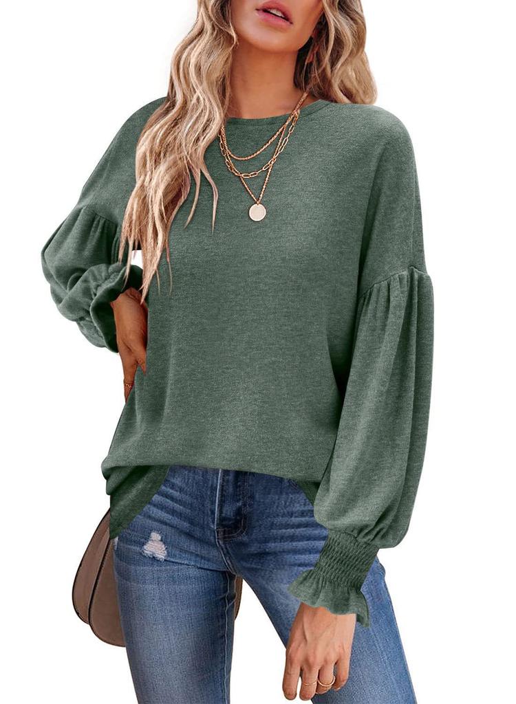 Women's tops, autumn and winter new round neck pleated lantern sleeve women's long European and American T-shirt