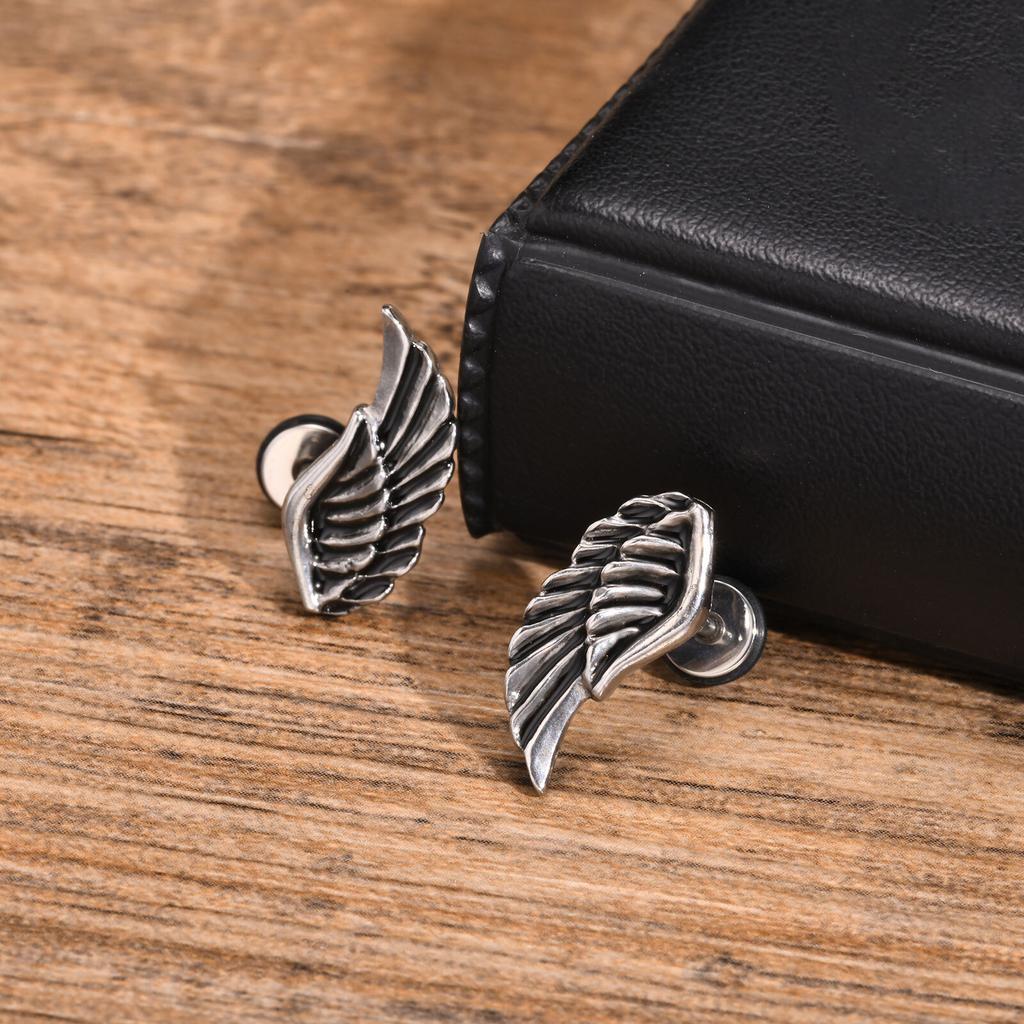 Stainless Steel Jewelry Vintage Devil Wing Man Earrings Angel Wing Feather Stud Gothic Dad Boyfriend Valentine's Day Gift