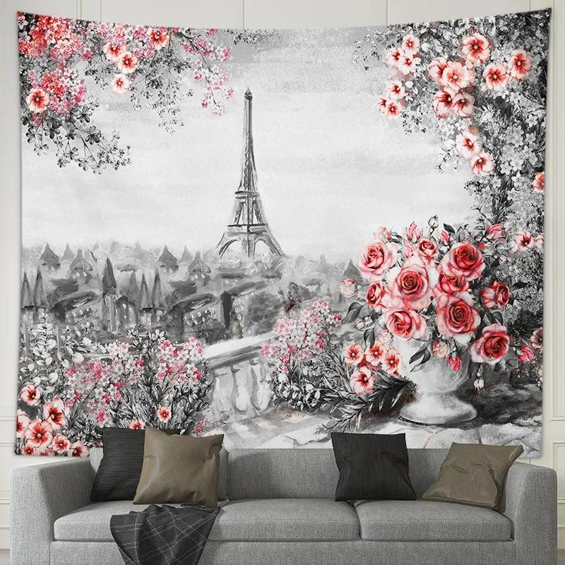 Romantic Couple Lovers Tapestry Eiffel Tower Big Ben Tapestry Wall Hanging Maple Rose Decorated Home Bedroom Living Room Dorm