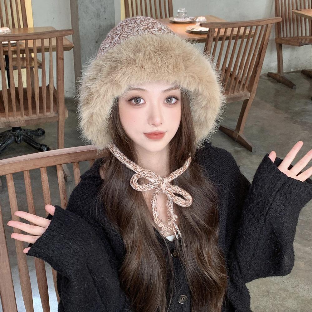 

Cold Protection Faux Fur Beanies Hat Cold-proof Knitted Bobble Cap Women Accessories хакі