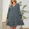 Women's V-Neck Casual Printed Long Sleeve Short Dress
