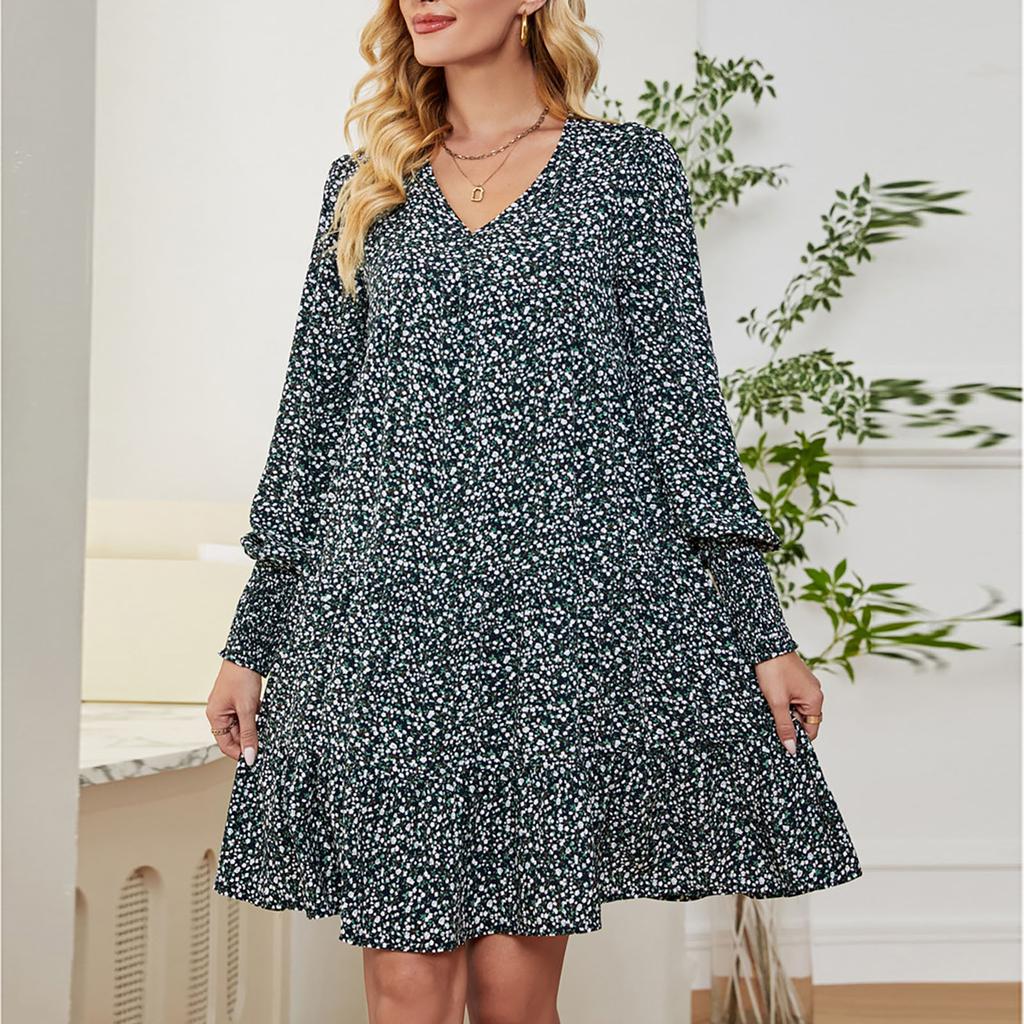 Women's V-Neck Casual Printed Long Sleeve Short Dress