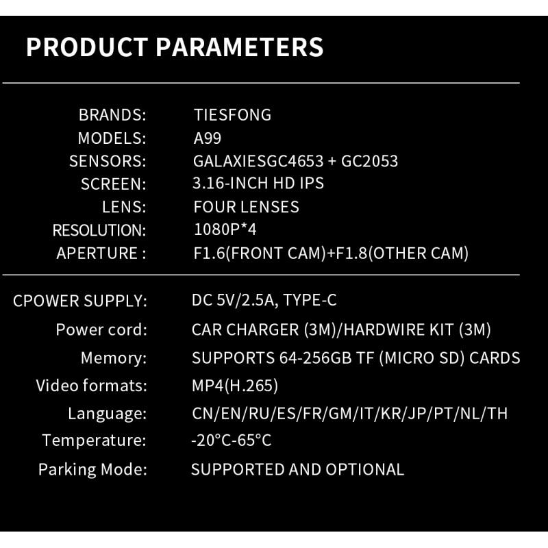 TiESFONG Car Dash Cam 4 Channel A99 FHD 1080P For Car DVR 360°Auto Video Recorder Night Vision WiFi Support 24H Parking Monitor