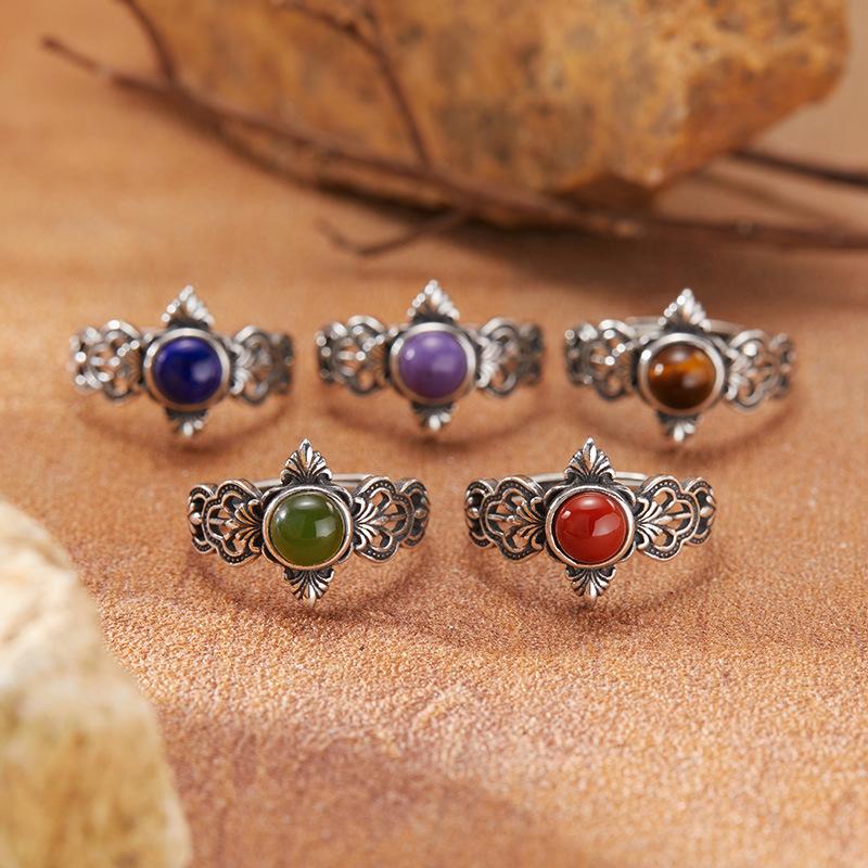 Personalisierter Retro Thai Silber Naturfarbener Schatzring Damen S925 Sterlingsilber Eingelegt mit Nanhong Blauem Gold Jaspis Zeigefingerringe