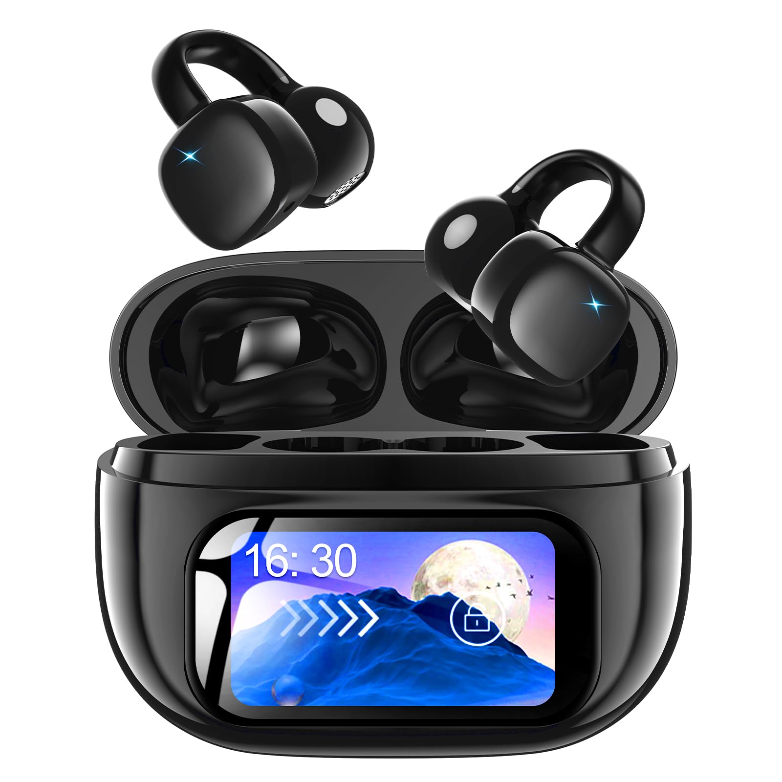 

Bluetooth Wireless Earphones Latest Model Touchscreen Ear Cuff Type Revolutionary LCD Colorful Screen for EQ Control per earbud Zero Comfort Bluetooth