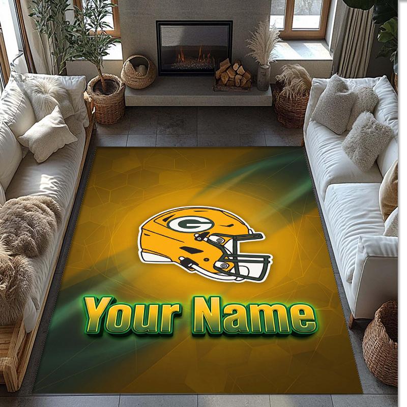 Green Bay Packers Crystal Velvet Rug, Custom Name Text Personalized Non‑Slip Floor Mat for Home Decor Gift