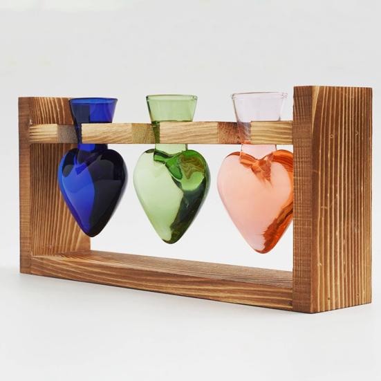 Plant Propagation Station Glass Vase with Wooden Frame Hydroponic Plant Terrarium Kit Love Bulb Vase for Indoor Plants Desktop Decor