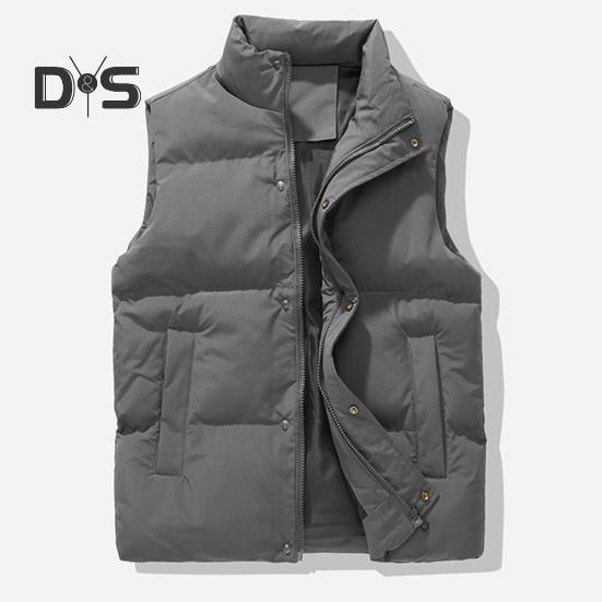 Men Windproof Vest Stand Collar Sleeveless Button Zipper Closure Waistcoat with Pockets Solid Color Thickened Down Vest Coat