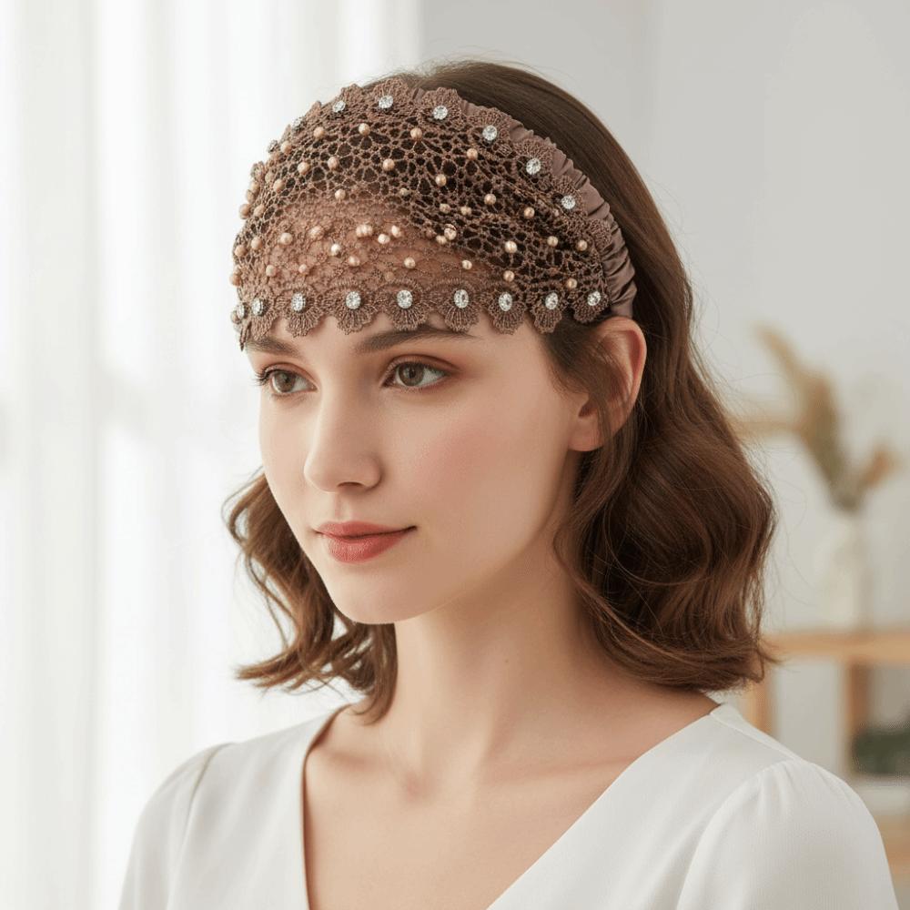 Elegant Crystal Pearl Floral Beaded Headbands Lace Hollow Pattern Wide Headbands Stretchy Breathable Turban Women
