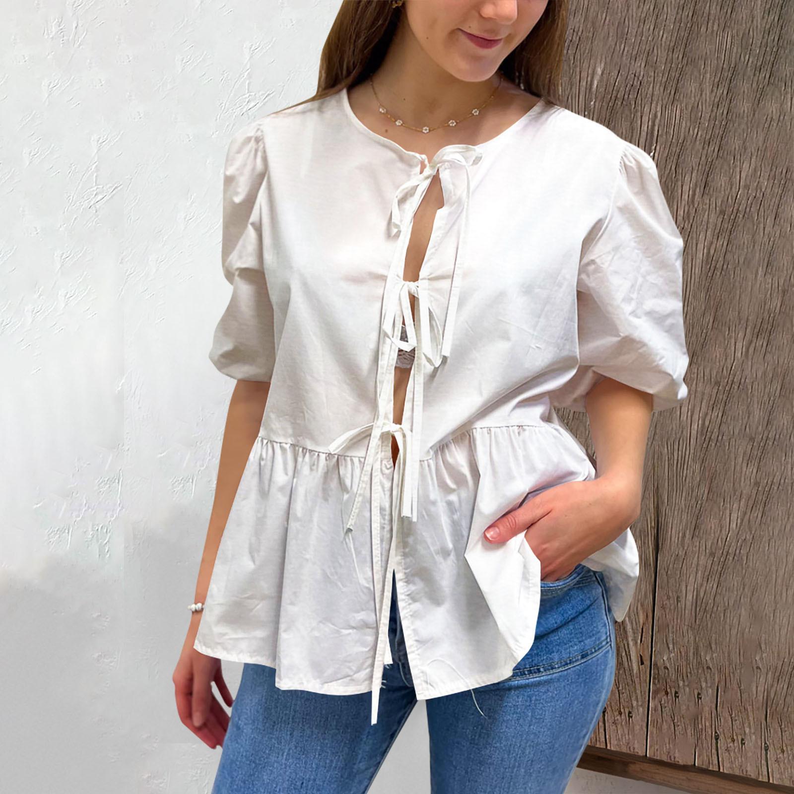 

Жіночий однотонний плісирований топ з V-подібним вирізом і короткими рукавами XL білий