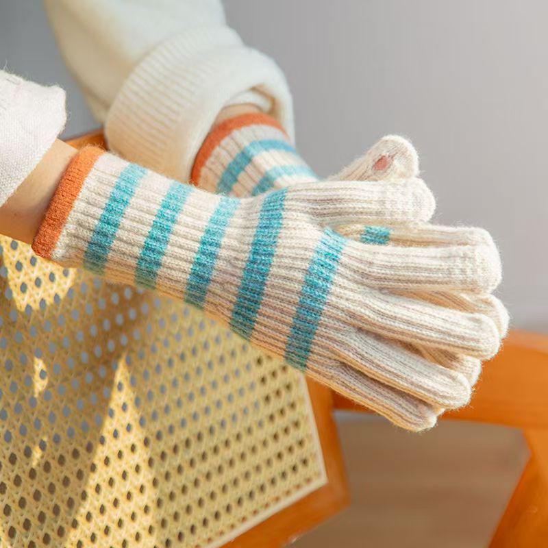 Women's Fingerless Imitation Cashmere Gloves - Girlish Heart Design, Striped, Extended Wrist, Warm & Versatile for Autumn/Winter Travel