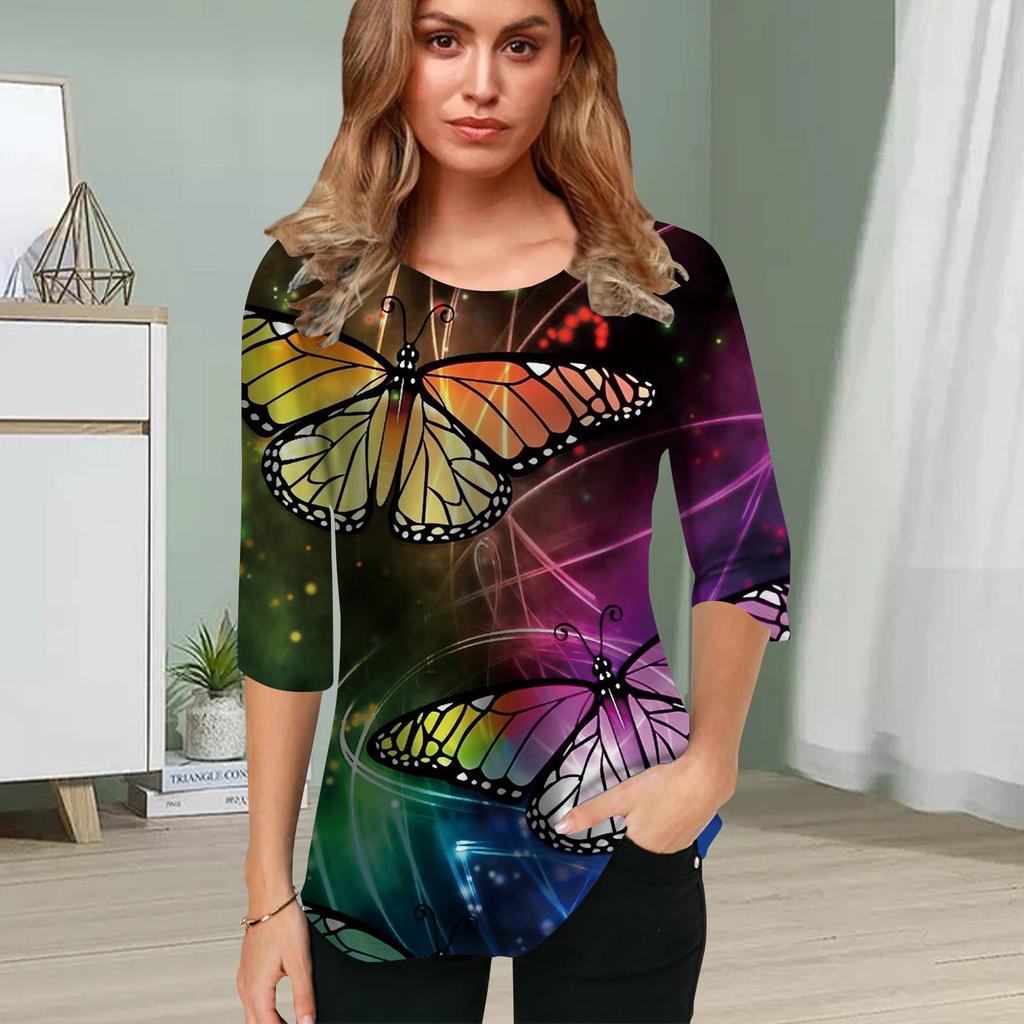 Womens Blouse 3D Big Butterfly Printing Flower Half Sleeve Tops Summer Casual Tops Printed Round Neck Half Sleeve T Shirt