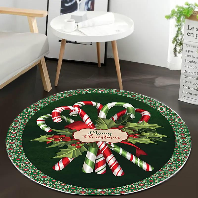 Christmas Candy Green Leaves Round Rug, Plush Flannel Thick Mat for Home Office Decor, Machine Washable Polyester Carpet