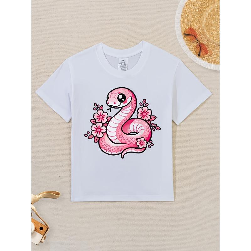 European Sizes Kawaii Pink Snake and Flowers Year of Snake Funny Awesome Graphic Kid T-Shirt | Casual Streetwear Tees Tops for Kids