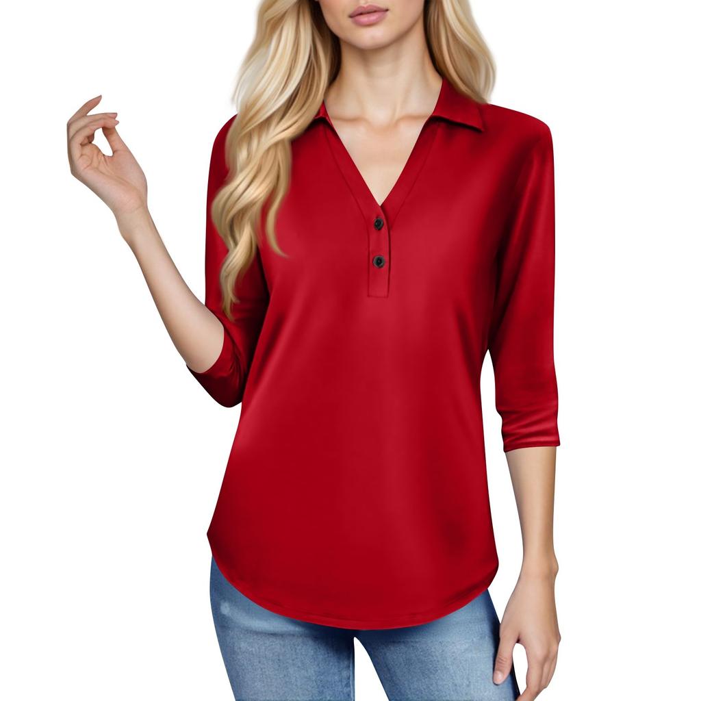 Women's Fashion Casual Lapel Short 3/4 Sleeve Color Shirt Women's V-Neck Button Tops