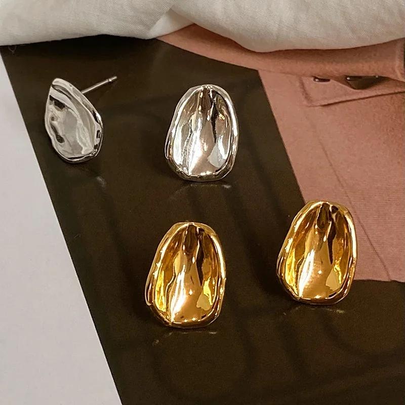 Real  Sterling Silver 18K Gold Irregular Elliptical Stud Earring for Women Personality Fine  Trendy Accessory