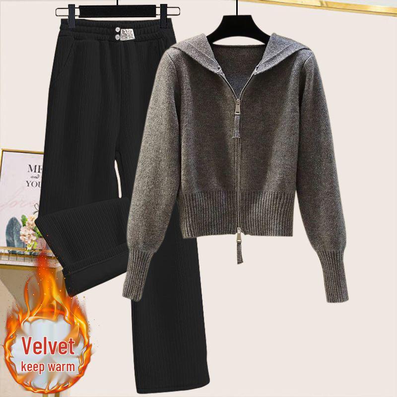 Sweet Autumn & Winter Women's Double Zipper Hooded Knitted Sweater Set