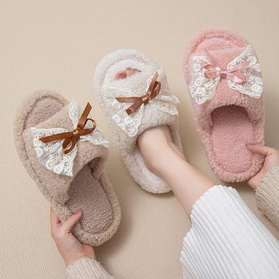 Spitzen Schleife Baumwollpantoffeln ins weniger flauschige Pantoffeln Zuhause Plüschpantoffeln