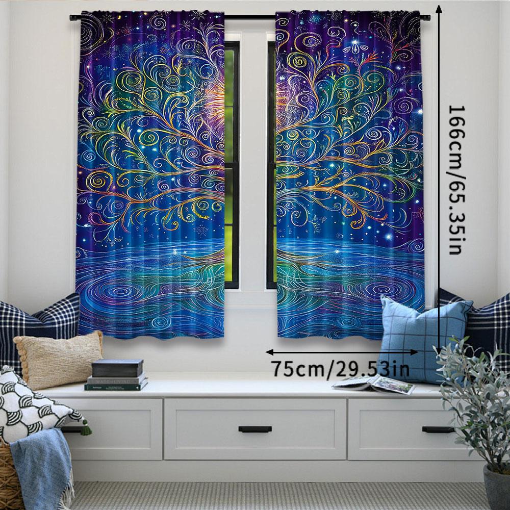 2Pcs Vintage Curtain Tree Of Life With Floral Style Artwork Meditation Peace Design Suitable For Bedroom Bathroom Living Room