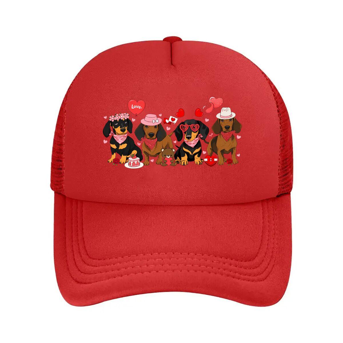 Love Valentine Dachshund Dogs Hearts Flowers Teddy Mesh Baseball Cap Hip Hop Adjustable