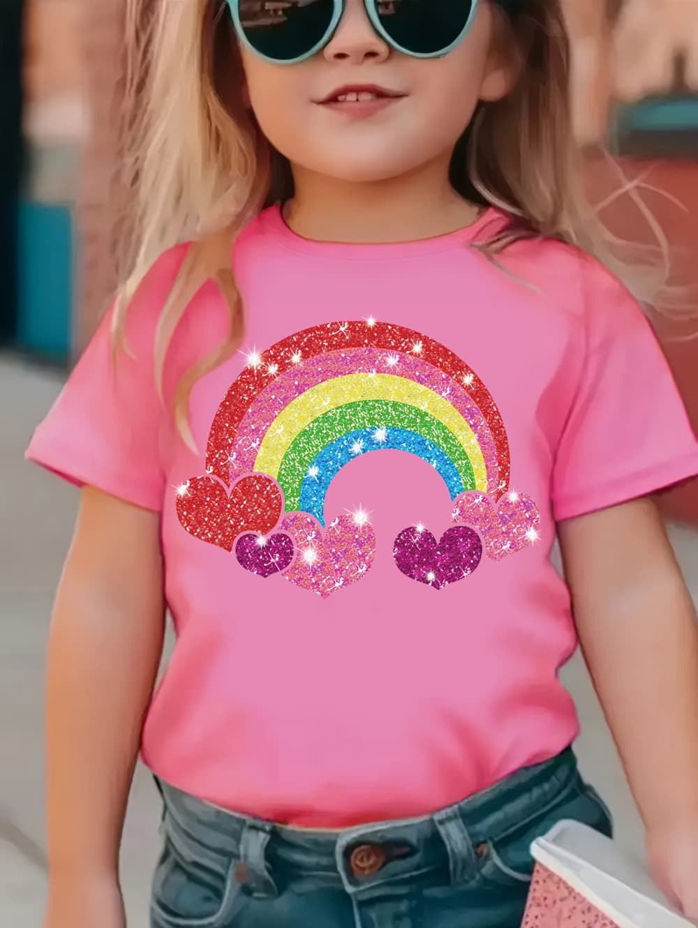 Childrens Tshirt 2026 Summer New Rainbow Cartoon Print Girls and Boys Casual Parentchild Wear Short Sleeved Fashionable Top 100