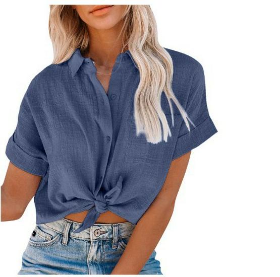 2021 Women's Summer Cotton Linen Short Sleeve Blouse - Ladies' Lapel Button Shirt