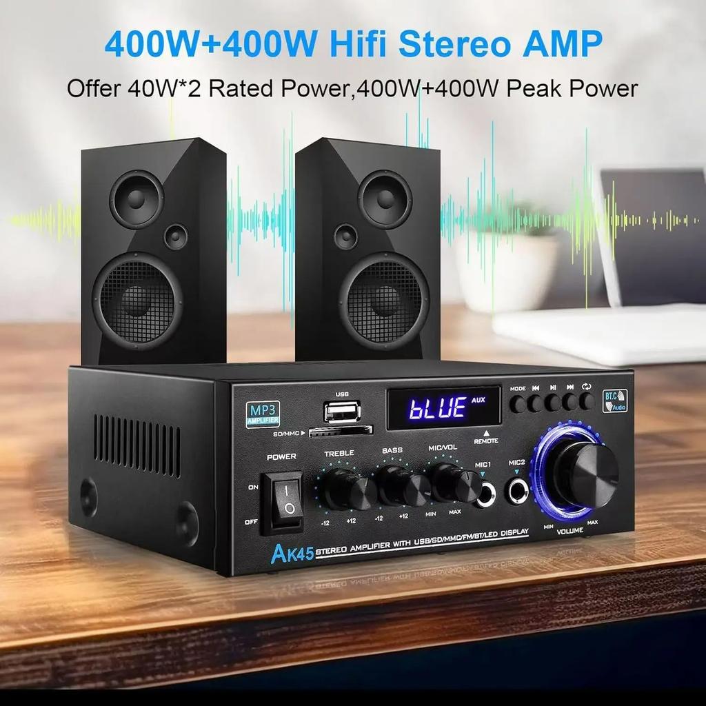 AK45 2-Kanal Bluetooth Stereo-Verstärker mit USB SD AUX FM-Eingang LCD-Display Mikrofon-Eingang Fernbedienung