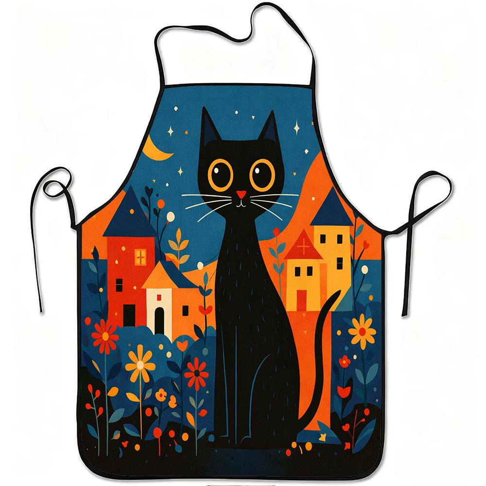 1pc Black Cat Moon Village Print Apron, Durable and Easy to Clean, Adjustable Waistband, Polyester Material, for Kitchen Cooking, Gardening, Orchard P