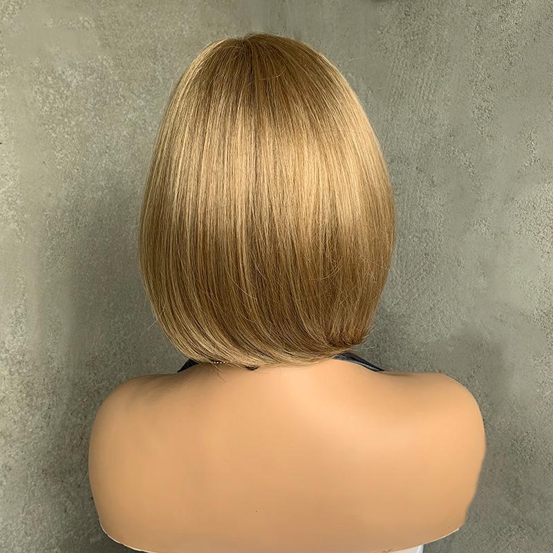 Short Straight White Bob Wigs Women Golden Brown Synthetic Natural Hair with Bangs Heat Resistant Fibre Cosplay Daily Use