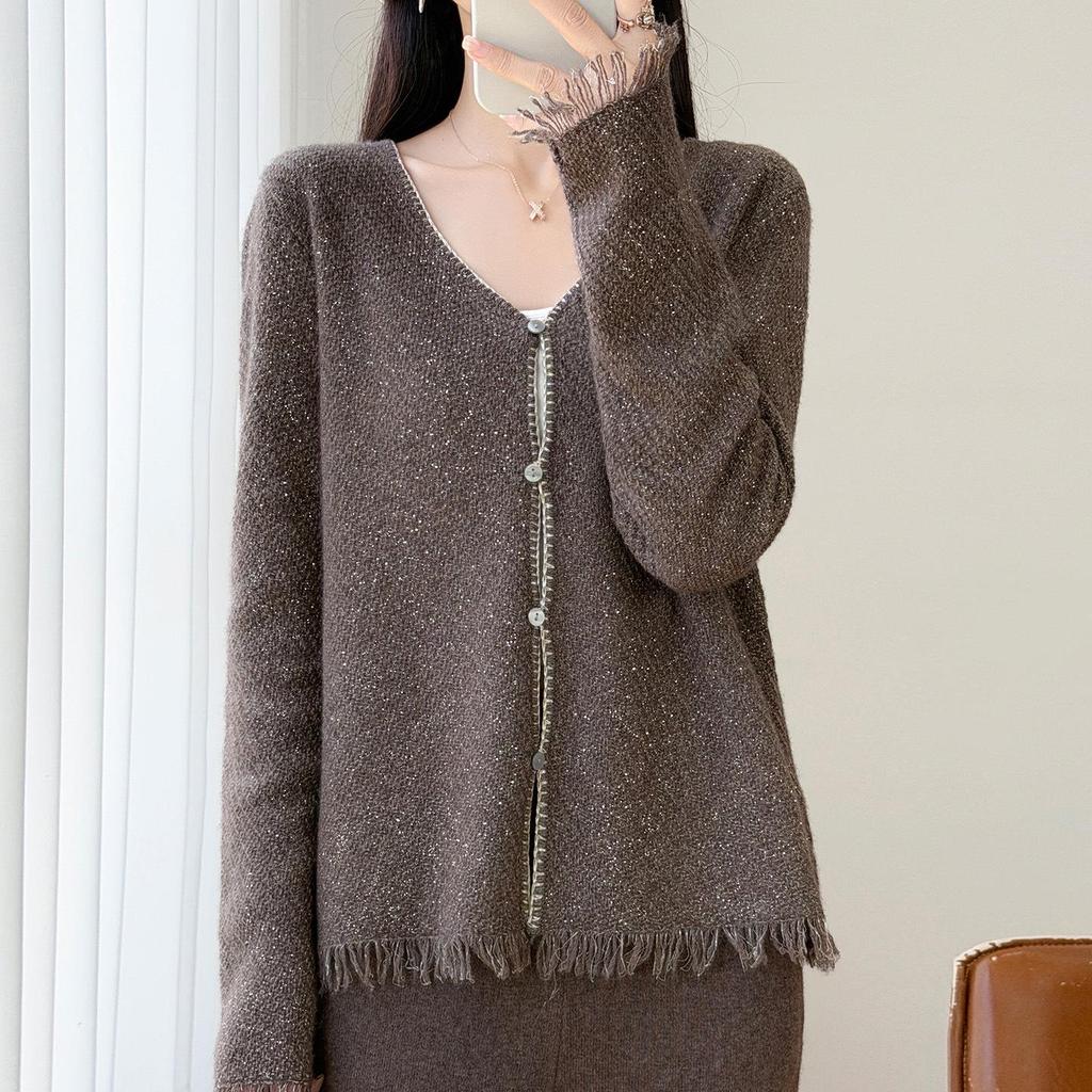 Elegant Lurex-Tassel V-Neck Pure Wool Cardigan: Women's Loose Slimming Knitwear Top