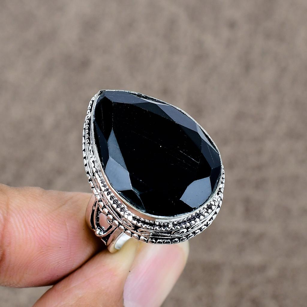 Black Spinel Genstone Handmade 925 Sterling Silver Jewelry Ring Size 8 KKG-486