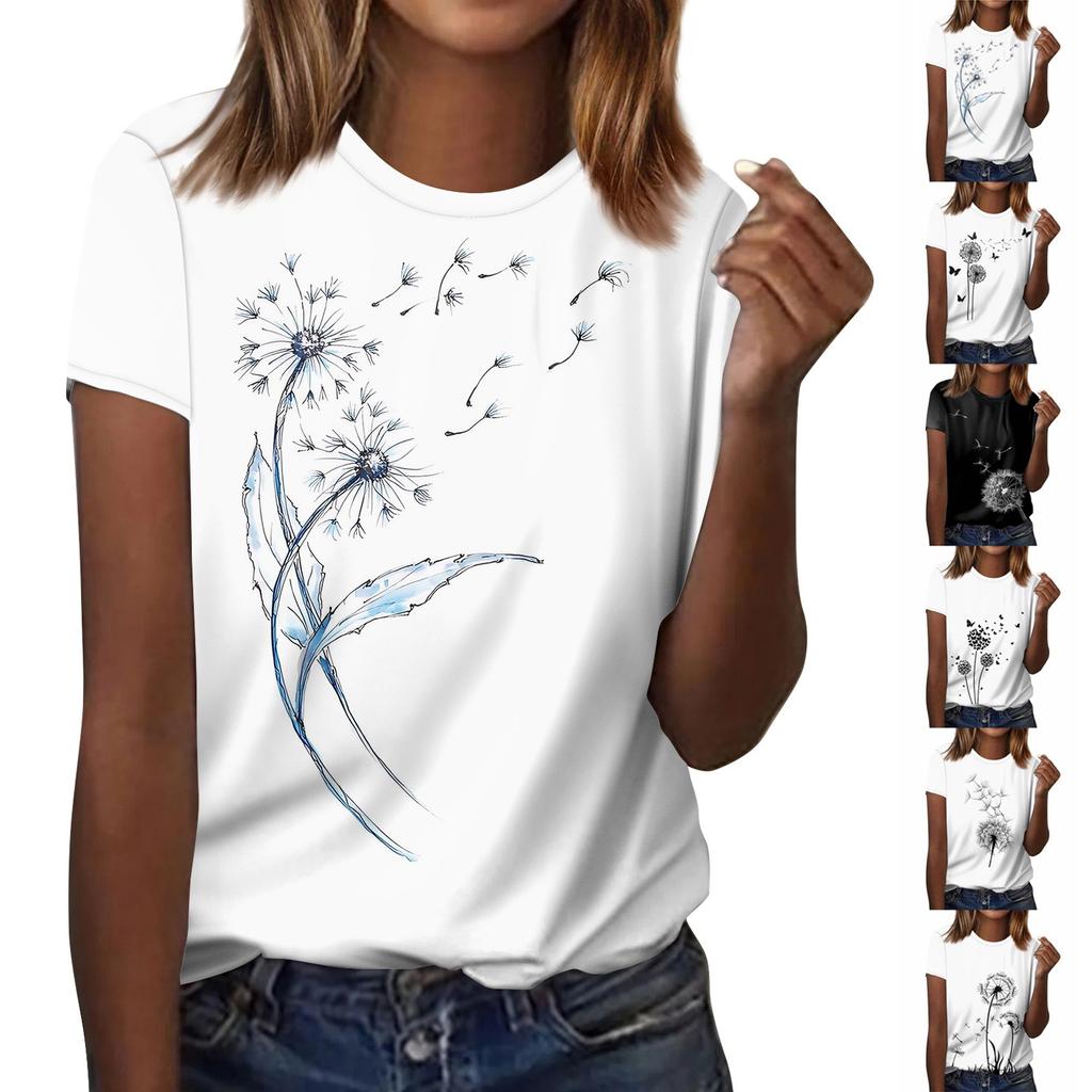 Dámská móda Ležérní halenka s květy s kulatým výstřihem a krátkým rukávem