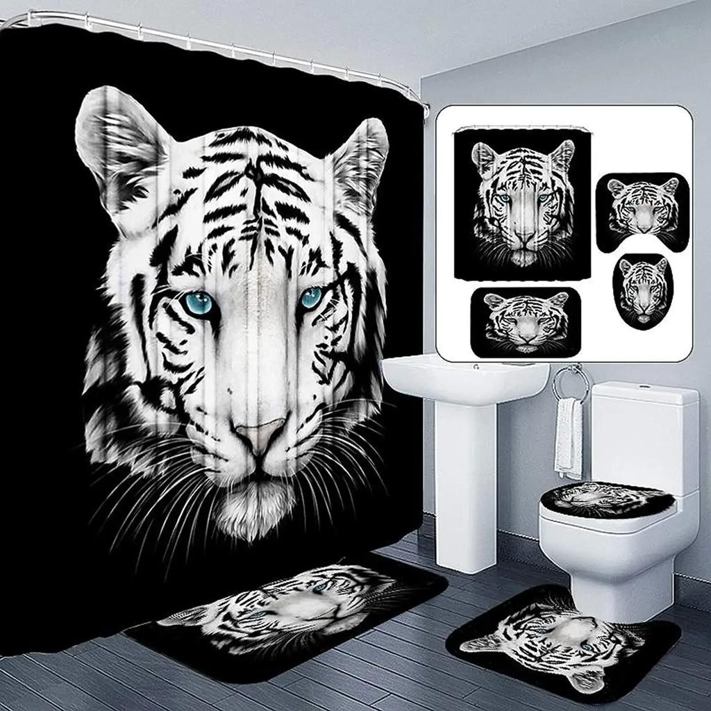 Black Tiger Animals Printed Shower Curtain Set Bathroom Bathing Screen Anti-Slip Toilet Lid Cover Carpet Rugs Kitchen Home Decor