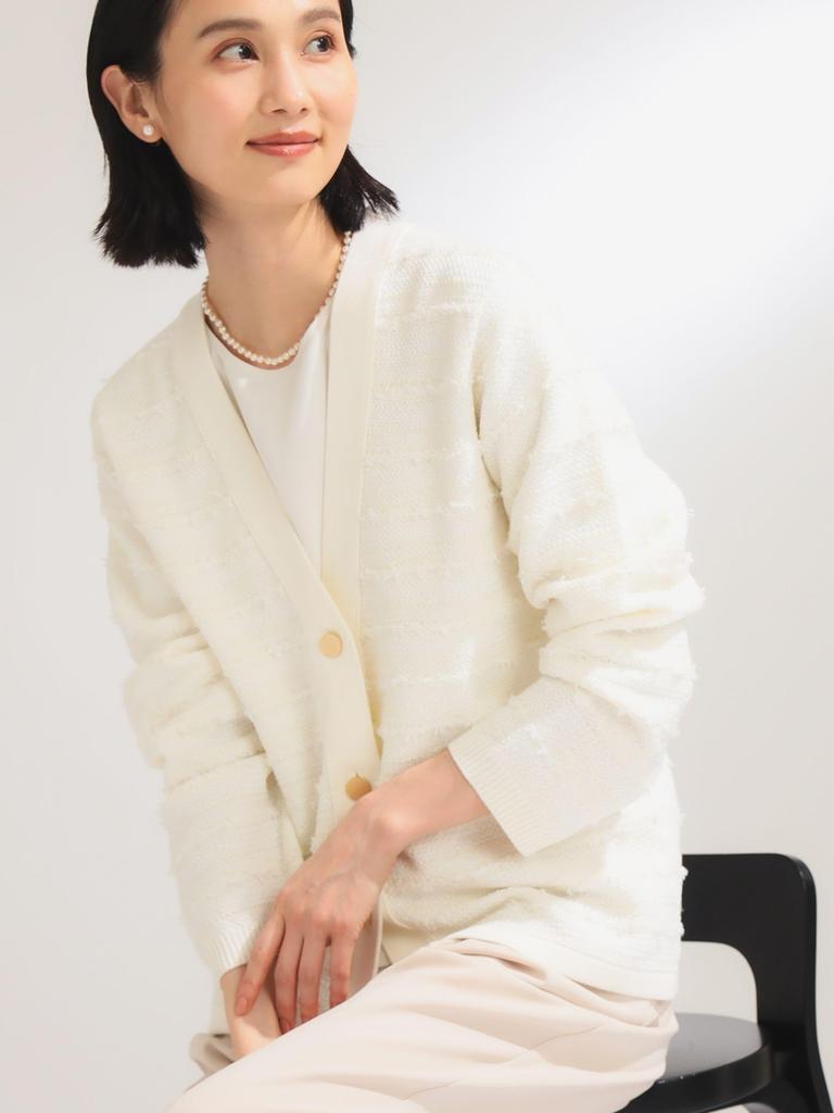 Beams Long Sleeve Tweed Knit Free 64150486887 Demi-Luxe Women's V-Neck Cardigan, OFF_WHITE, Size,