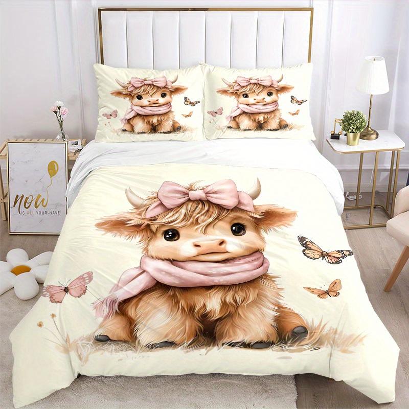 3pcs Cow Butterfly Bedding Set Down Comforter Cover and Pillowcases, Suitable for All Seasons(No Insert)-0729039