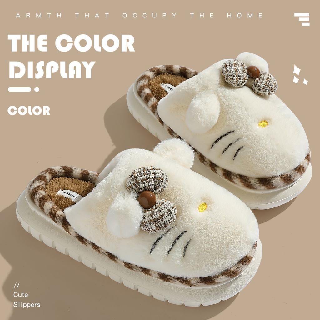 Bow plush cotton slippers autumn and winter indoor home dormitory thermal cotton slippers