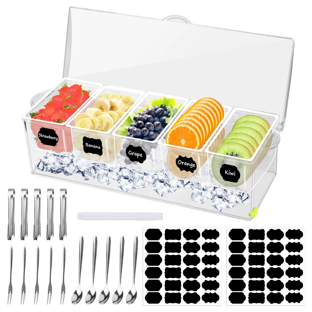 Chilled Condiment Containers with 5 Removable Compartments Chilled Condiment Server Tray for Party Supplies & Bar Accessories