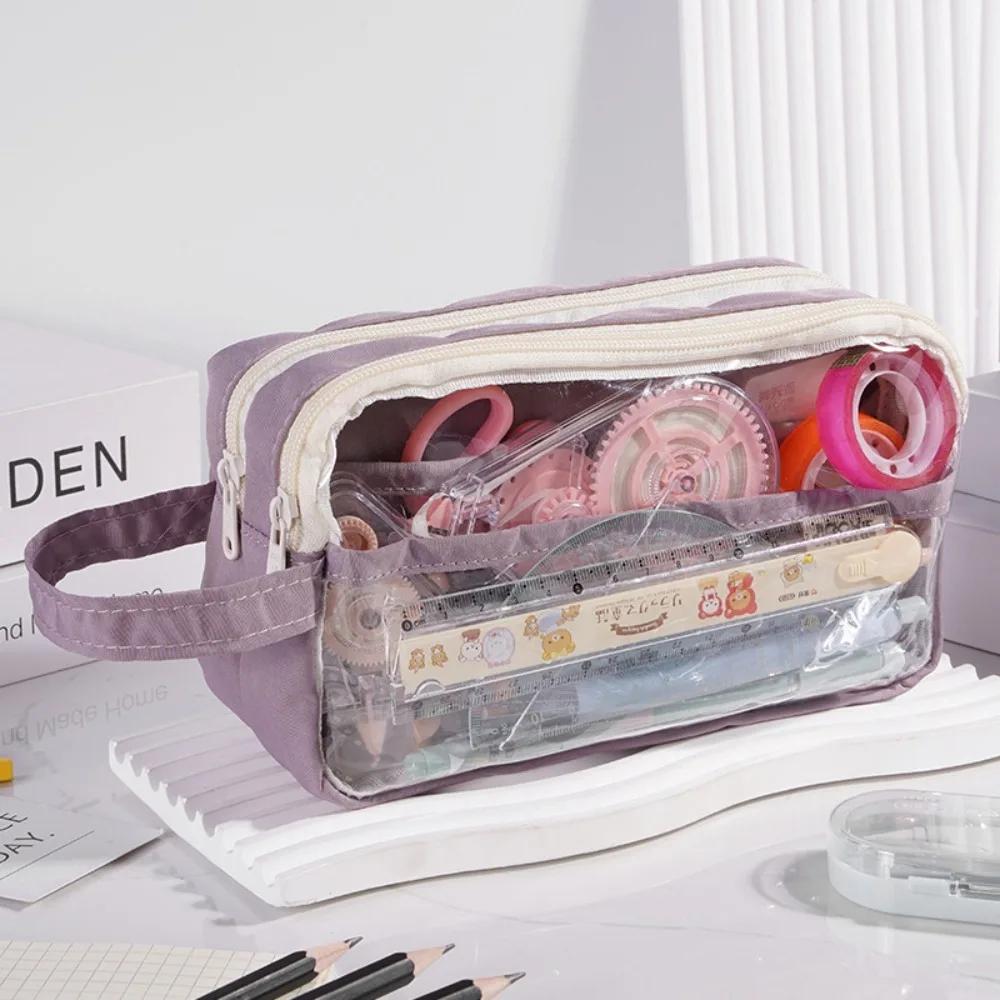 Korean Transparent Pen Bag Large Capacity Waterproof School Stationery Bag Solid Color PU Cosmetic Pouch School Supplies